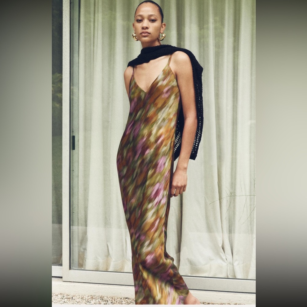 Zara Olive & Purple Slip Maxi Dress with Painterly Print